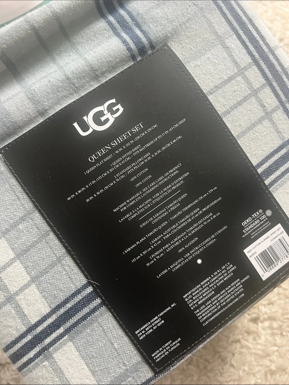 UGG Queen Sheet Set - Light Blue, Navy, Gray Plaid